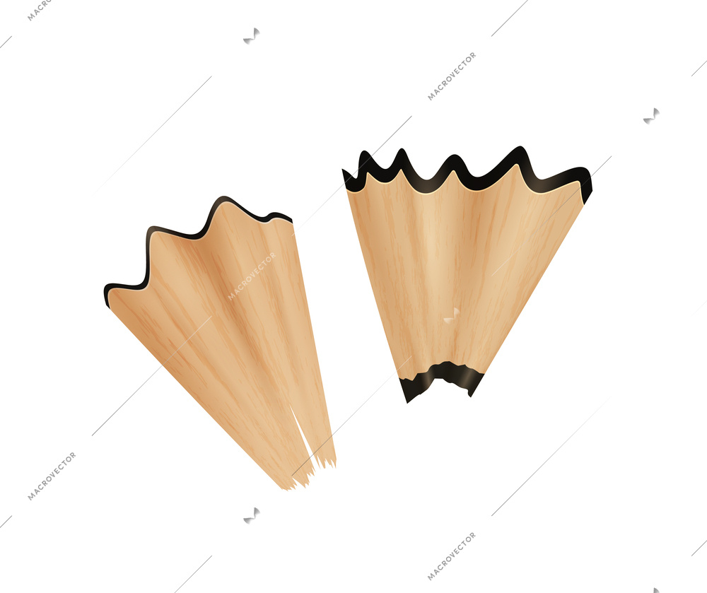 Wooden pencils shavings isolated on white background realistic vector illustration