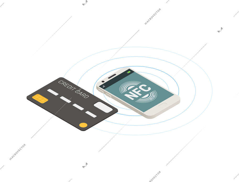 Nfc technology contactless payment isometric icon with smartphone and plastic card vector illustration