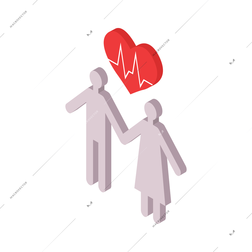 Health insurance service isometric icon with hearts and two person silhouettes vector illustration