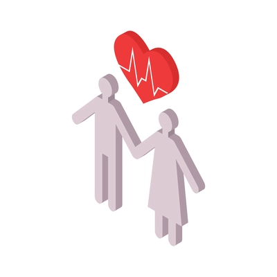 Health insurance service isometric icon with hearts and two person silhouettes vector illustration