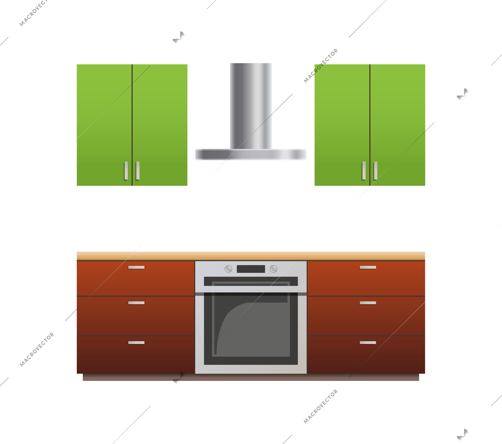 Modern kitchen interior with furniture and appliances flat vector illustration