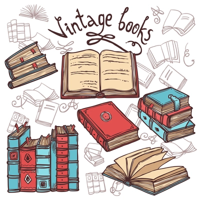 Retro sketch books decorative icons set library concept vector illustration