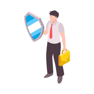 Insurance services isometric icon with male character and shield vector illustration