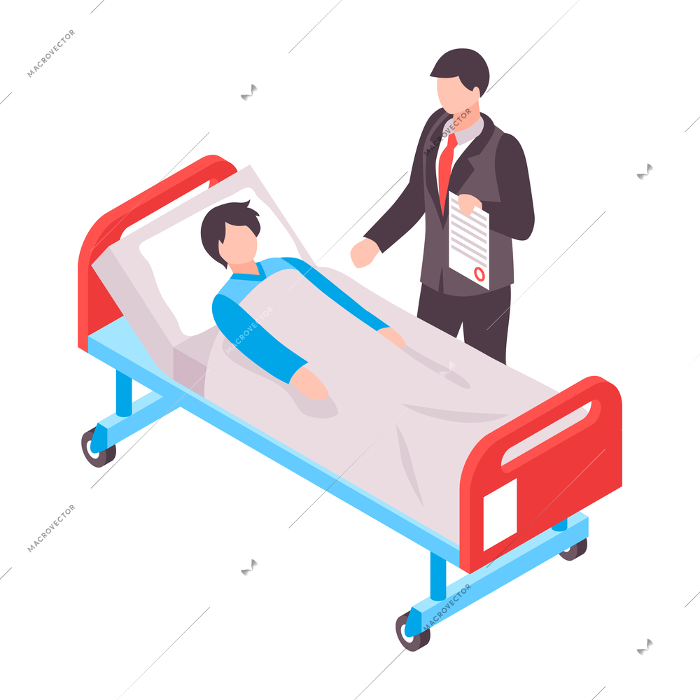 Health insurance services isometric icon with agent and sick man on hospital bed vector illustration