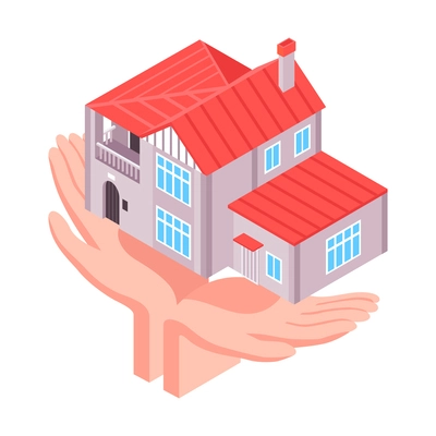 Insurance services isometric icon with human hands holding house vector illustration