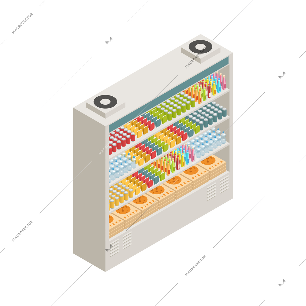 Supermarket refrigerator shelf isometric icon vector illustration