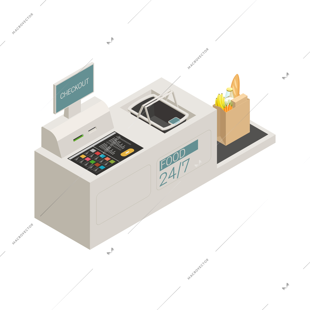 Modern touch screen self service supermarket checkout isometric icon vector illustration