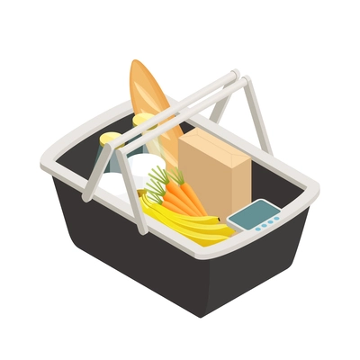 Plastic shopping basket with products isometric icon 3d vector illustration