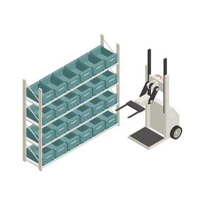 Smart supermarket interior isometric icon with empty shelves and robot 3d vector illustration