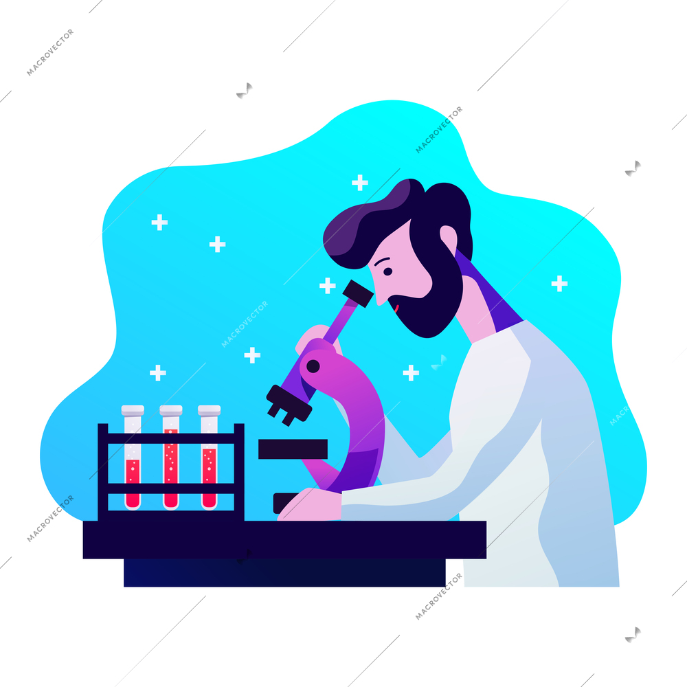 Male doctor working with blood test samples in medical lab flat vector illustration
