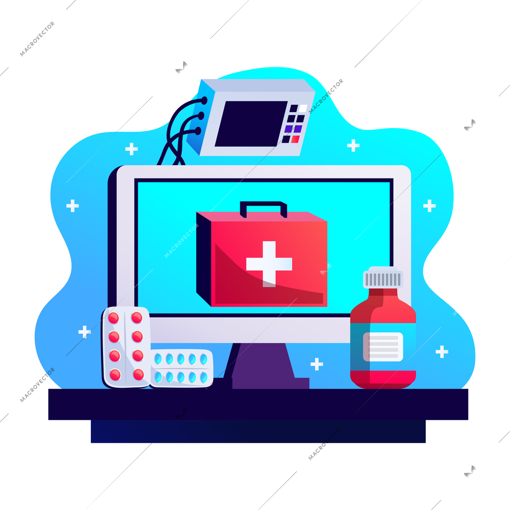 Online medicine flat concept with monitoring equipment and medication vector illustration