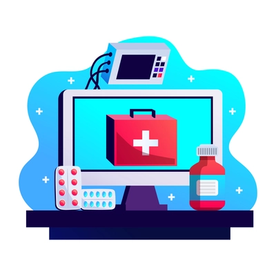 Online medicine flat concept with monitoring equipment and medication vector illustration