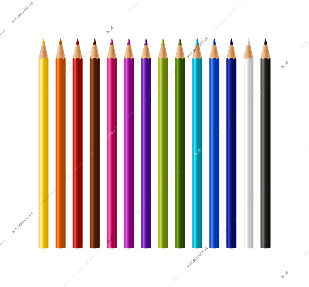 Multicolored pencils set on white background realistic vector illustration