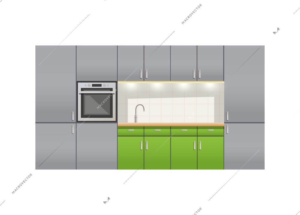 Modern kitchen furniture with oven and sink flat vector illustration