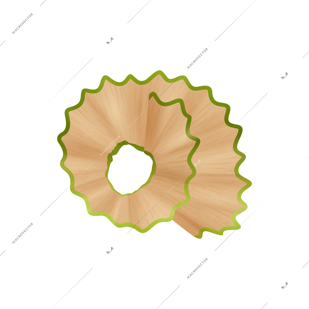 Green pencil wooden shaving on white background realistic vector illustration