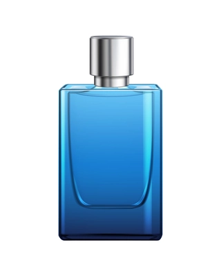 Blue glass bottle of perfume or cologne with silver cap realistic vector illustration