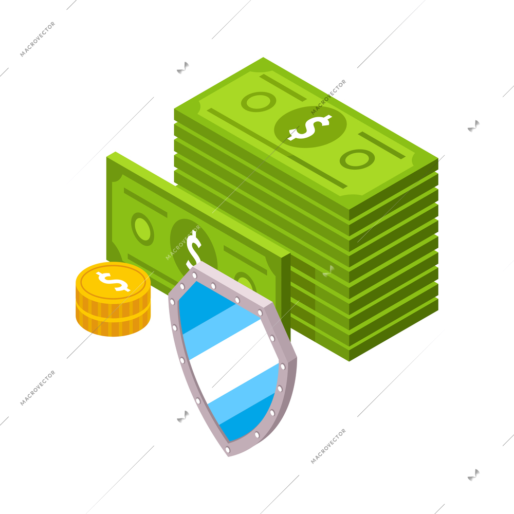 Insurance services money security isometric icon with banknotes coin and shield vector illustration