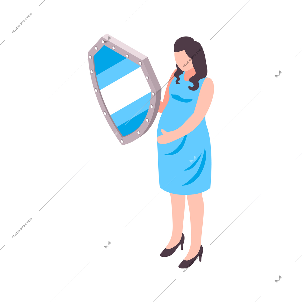 Insurance services isometric icon with pregnant woman protected with shield vector illustration