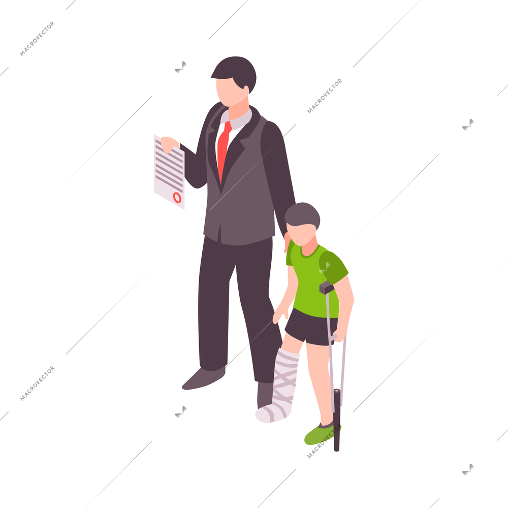 Health insurance services isometric icon with man supporting boy with broken leg vector illustration