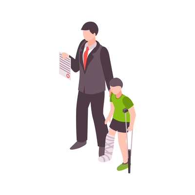 Health insurance services isometric icon with man supporting boy with broken leg vector illustration