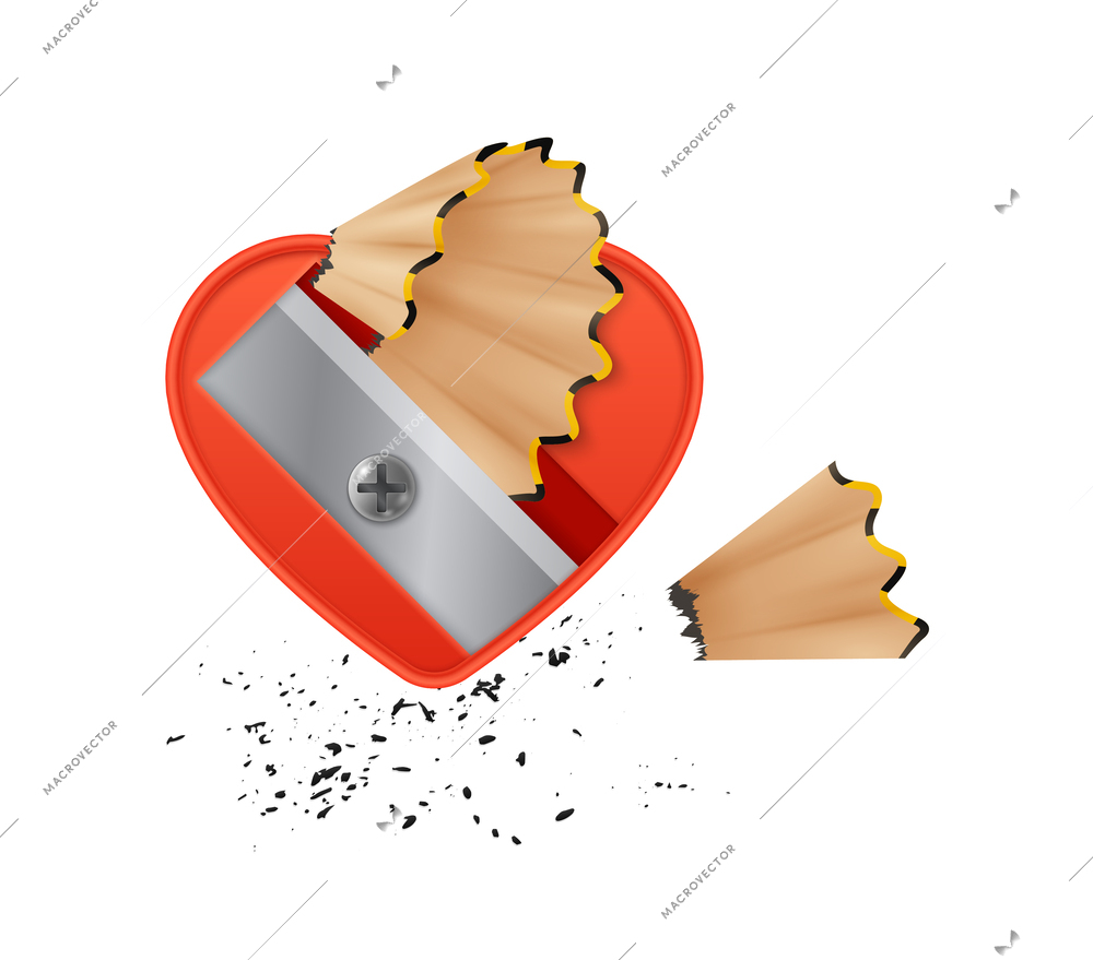 Realistic red plastic sharpener with pencil shavings vector illustration