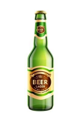 Realistic green glass lager beer bottle on white background vector illustration