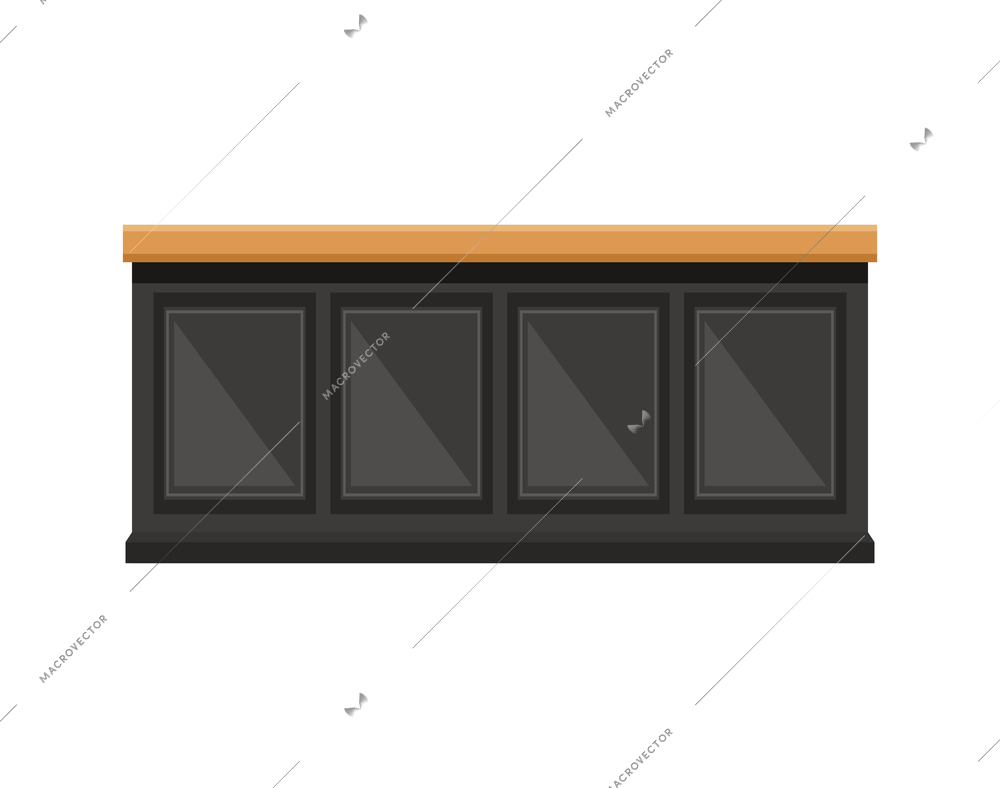 Modern black kitchen island with wooden surface flat vector illustration