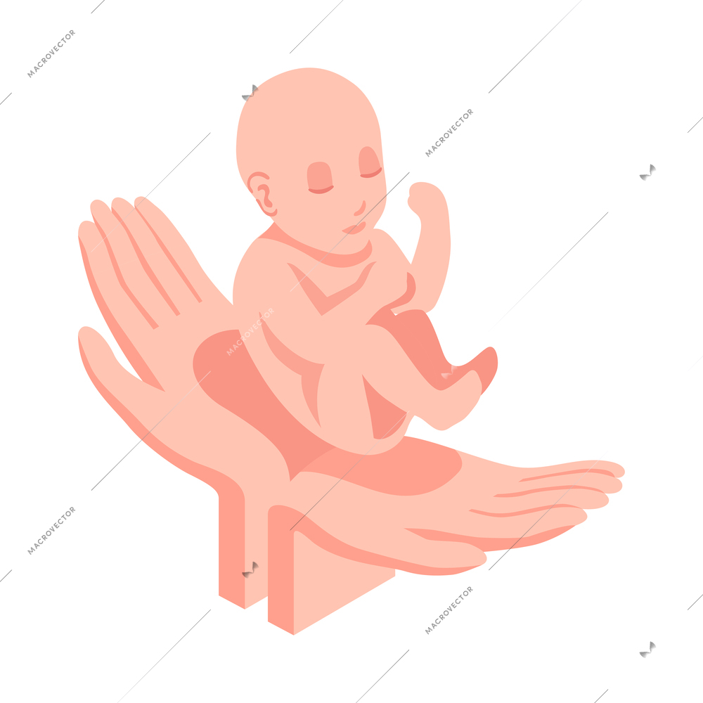 Health insurance services isometric icon with human hands holding newborn baby vector illustration