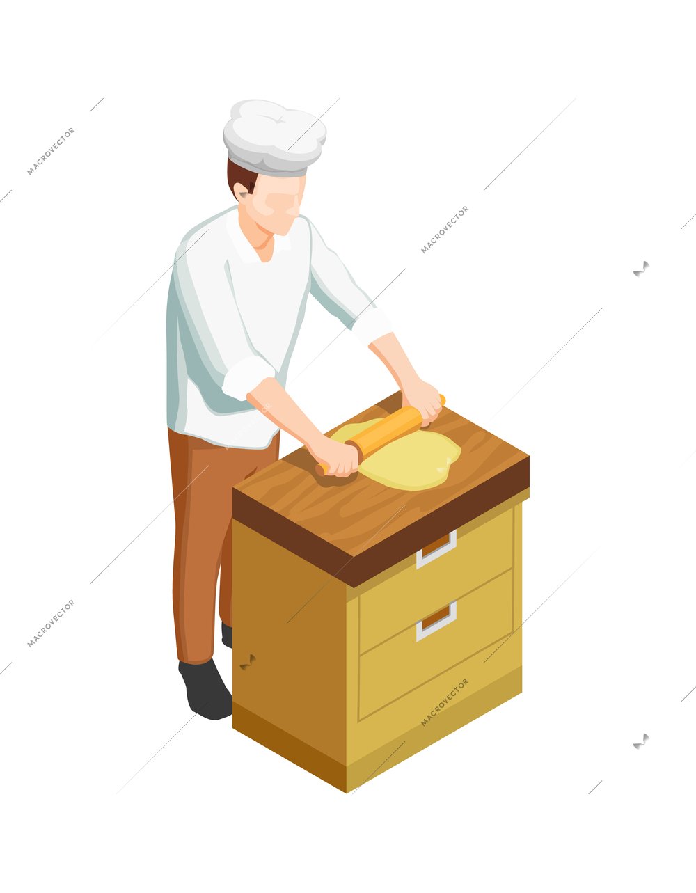 Male confectioner or baker rolling out dough isometric icon 3d vector illustration