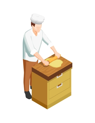 Male confectioner or baker rolling out dough isometric icon 3d vector illustration