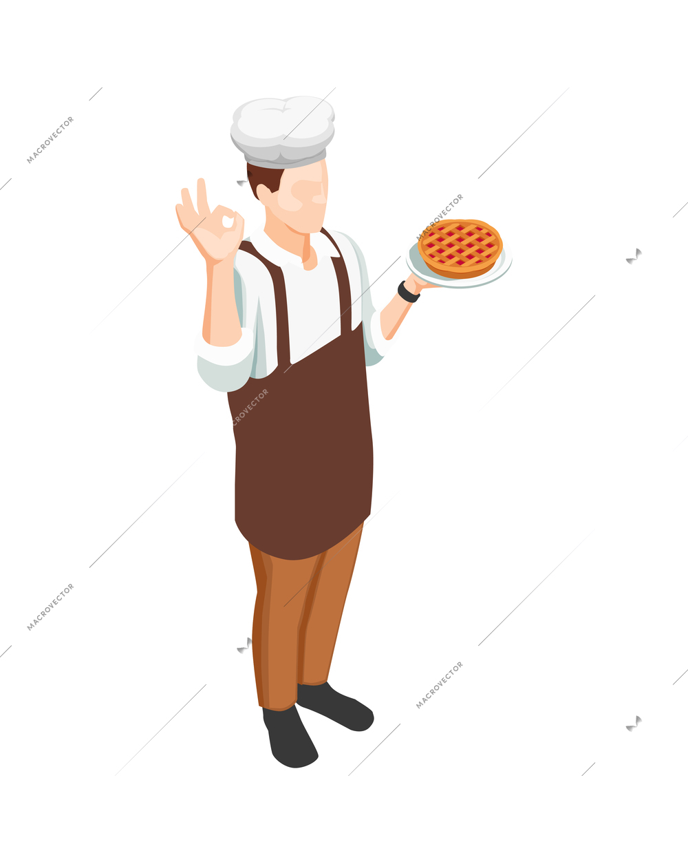 Male character of confectioner holding plate with baked fruit pie isometric icon 3d vector illustration