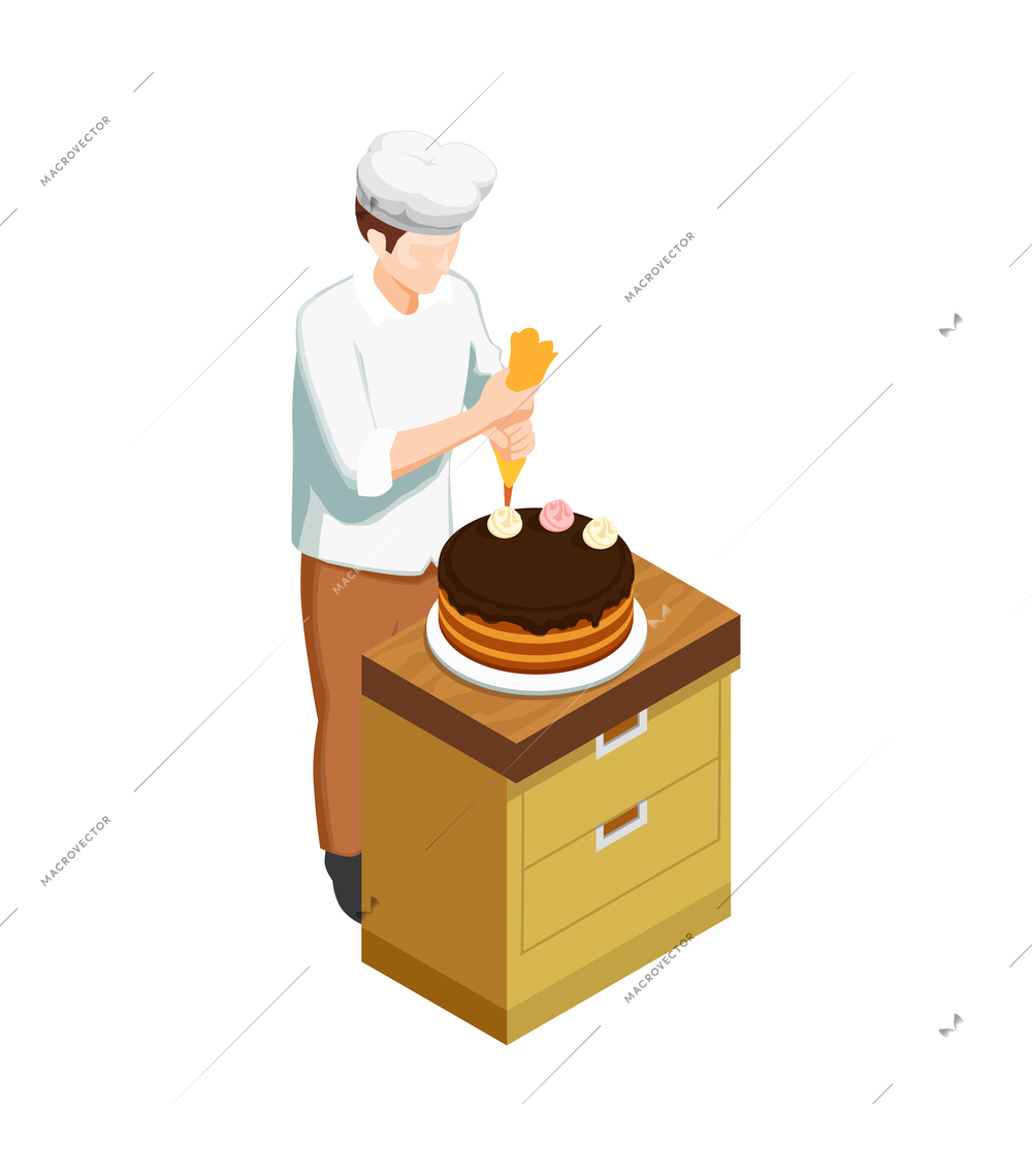 Male confectioner using pastry bag to decorate cake with cream roses isometric icon 3d vector illustration