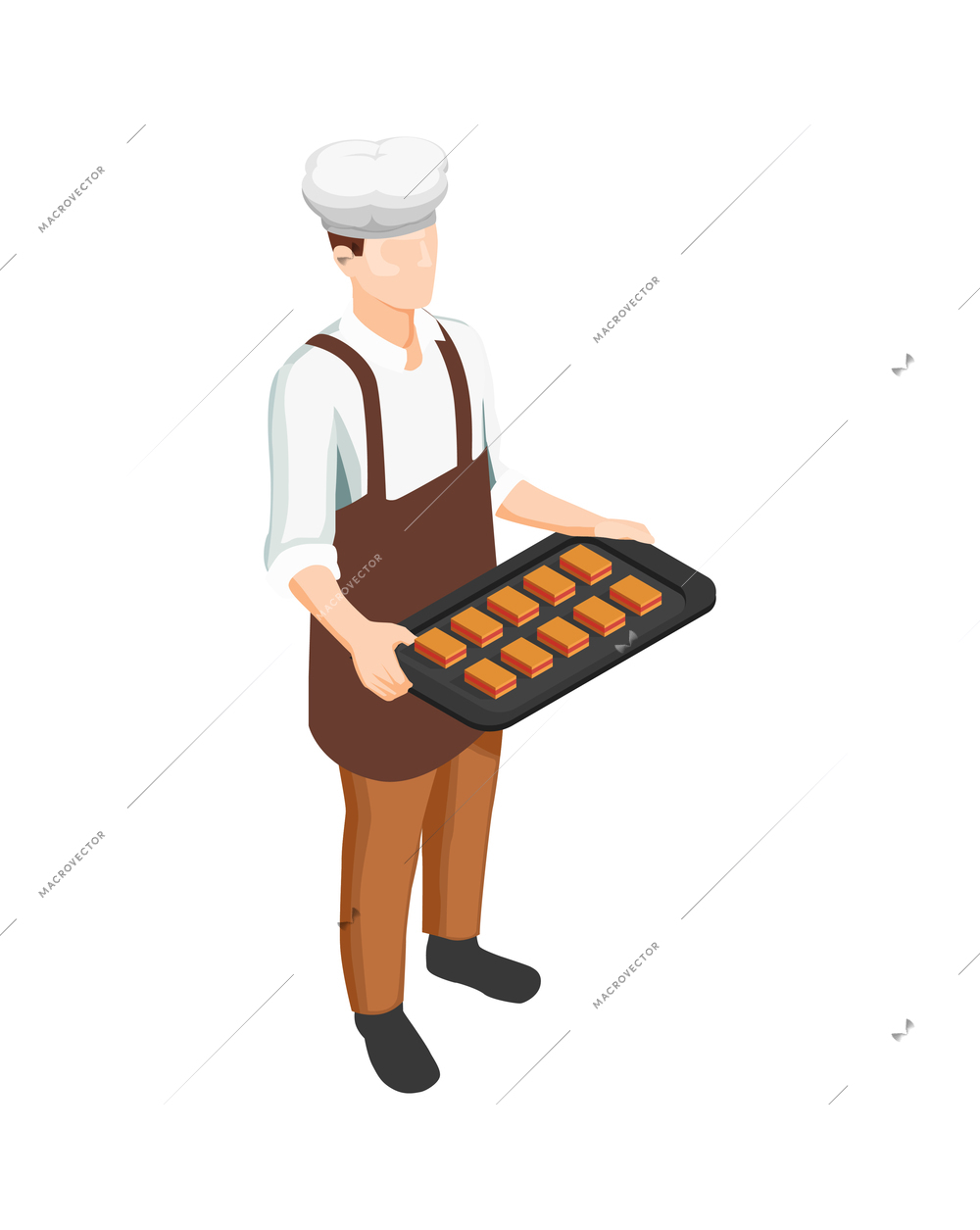 Male confectioner holding baking pan with pastry isometric icon 3d vector illustration