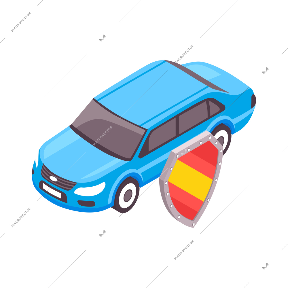 Car insurance isometric icon with blue auto and shield vector illustration