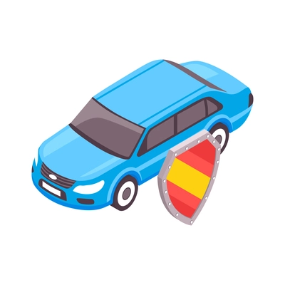 Car insurance isometric icon with blue auto and shield vector illustration