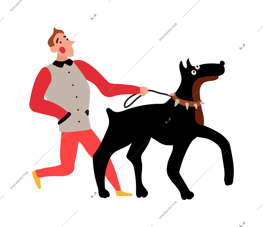 Man walking with his dog doberman flat vector illustration