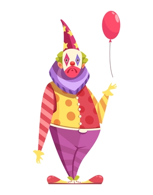 Cartoon sad clown wearing colorful costume with balloon vector illustration