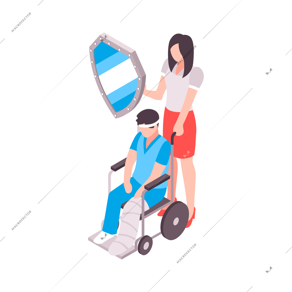 Health insurance service isometric icon with injured man in wheelchair vector illustration