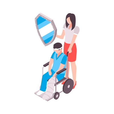 Health insurance service isometric icon with injured man in wheelchair vector illustration