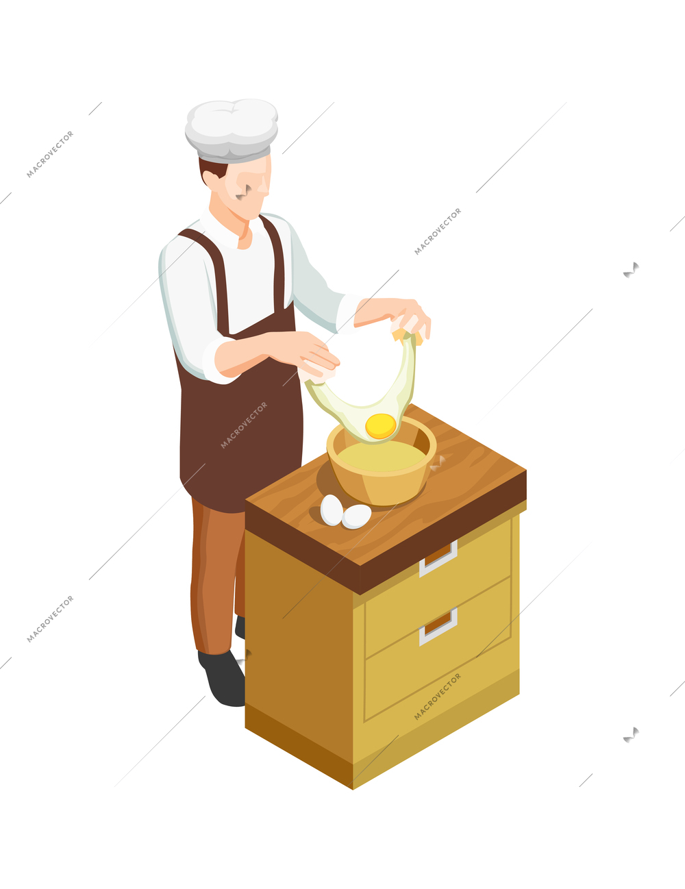 Male confectioner breaking eggs isometric icon 3d vector illustration