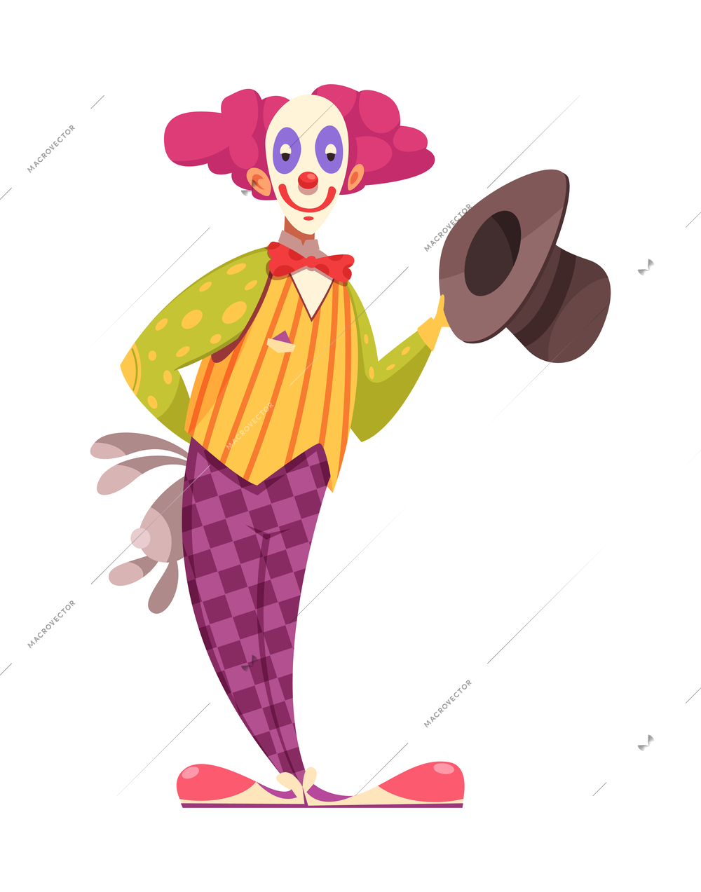 Cartoon clown holding hat and rabbit behind his back vector illustration