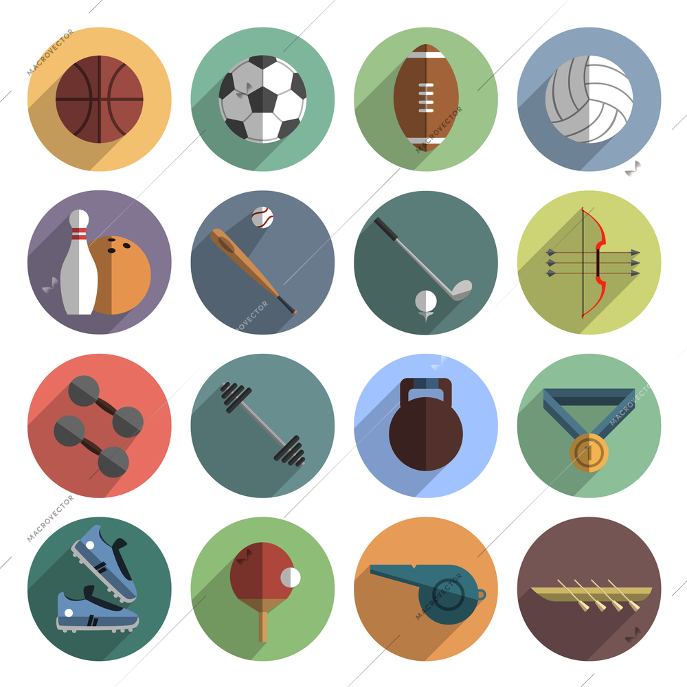 Outdoor team sport symbols and weightlifting icons flat round set with slant shadow abstract vector isolated illustration