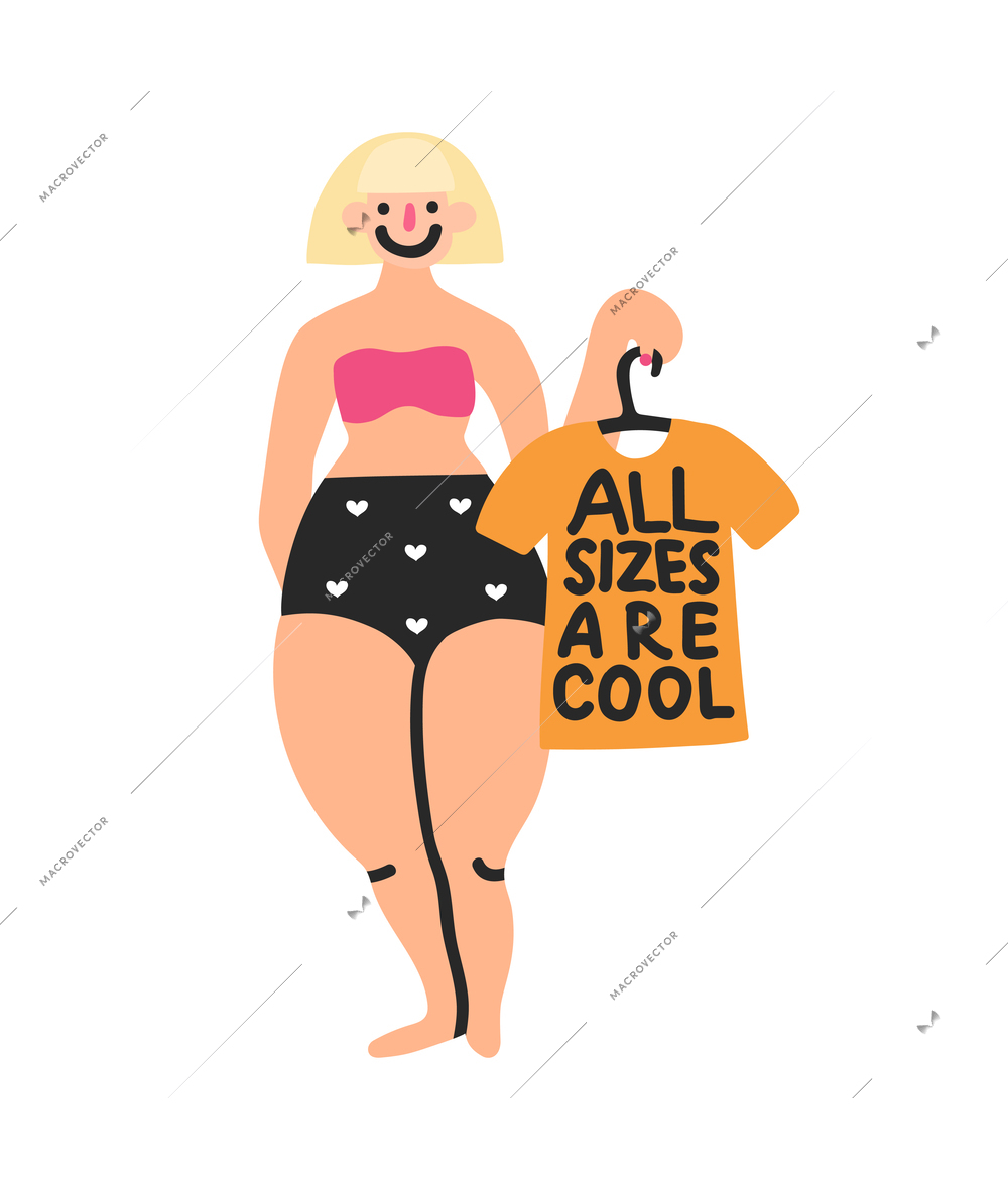 Body positive doodle concept with plus size woman vector illustration