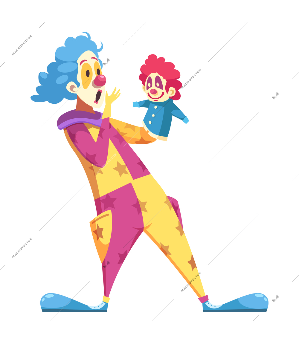 Funny clown wearing blue wig performing with puppet cartoon vector illustration