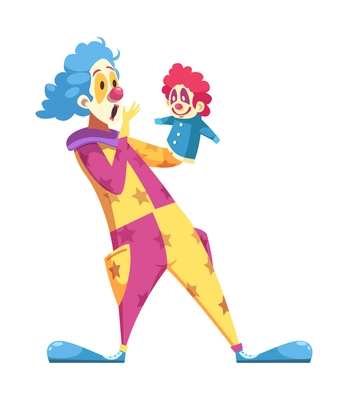 Funny clown wearing blue wig performing with puppet cartoon vector illustration