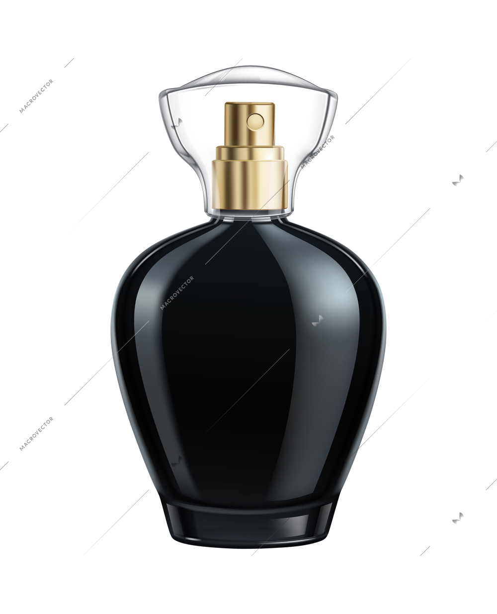 Black glass perfume bottle with transparent cap realistic vector illustration