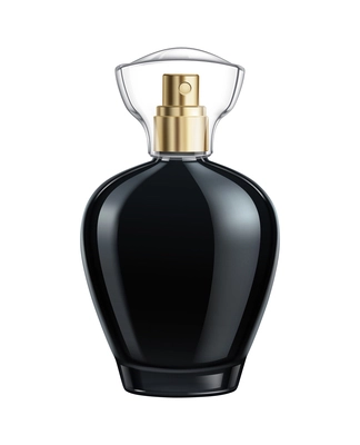 Black glass perfume bottle with transparent cap realistic vector illustration