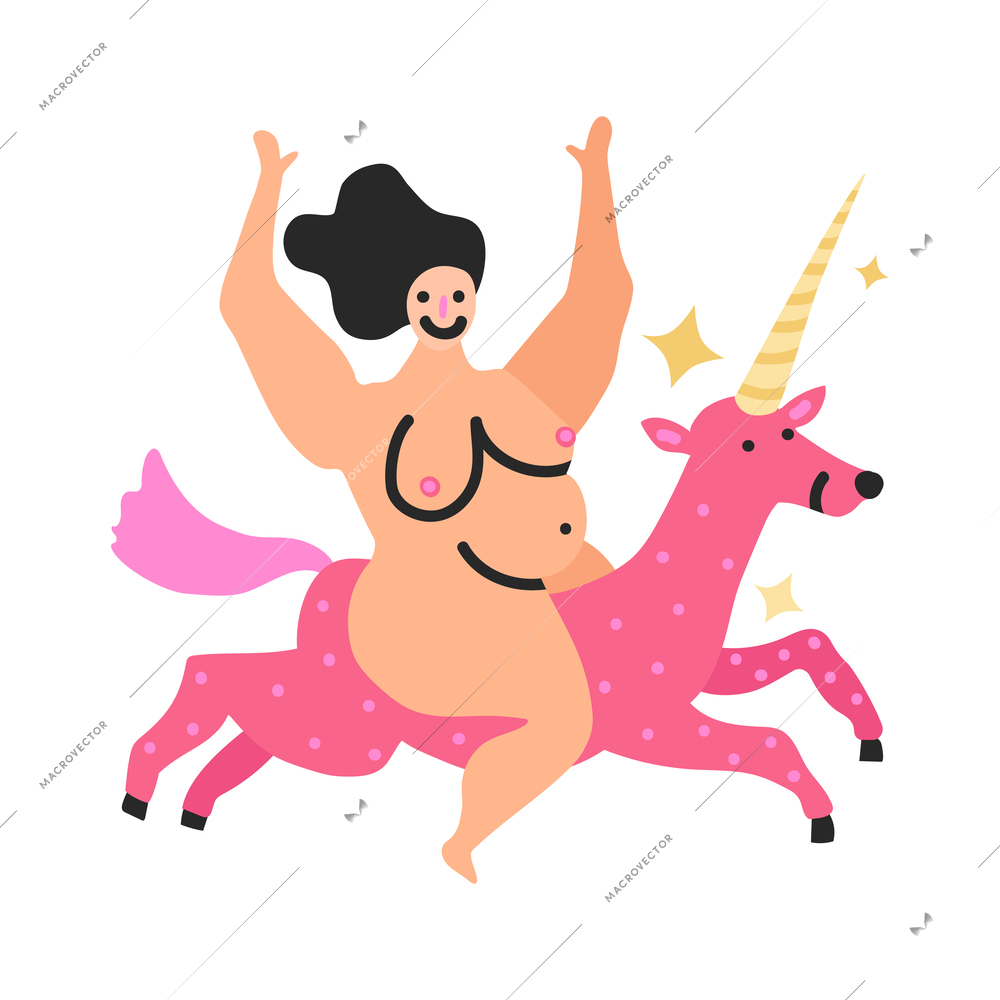 Feminism doodle concept with naked woman riding unicorn vector illustration