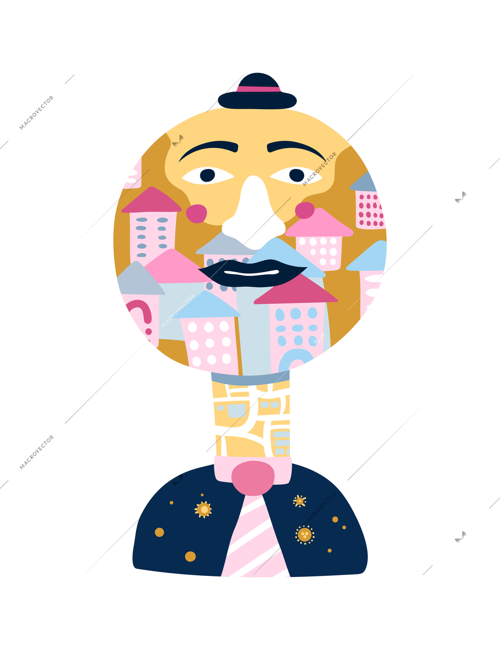 Human inner world psychological imaginary color male portrait with houses flat vector illustration