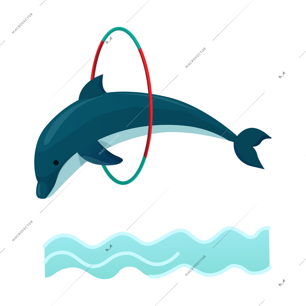 Dolphin jumping through ring performing for public in dolphinarium flat vector illustration